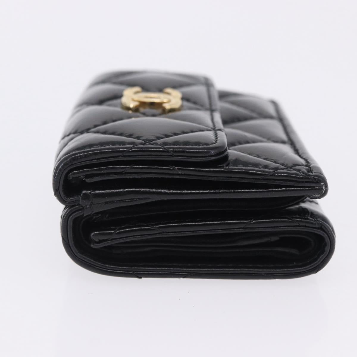 CHANEL Matelasse Compact Wallet Patent Leather Black Gold CC Auth 203711M