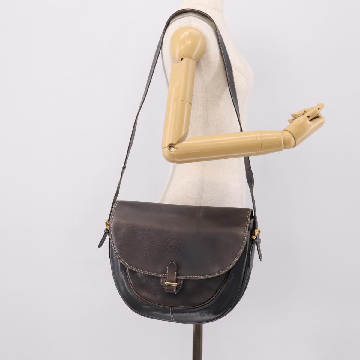 LOEWE Shoulder Bag Leather Gray Gold Auth 203734