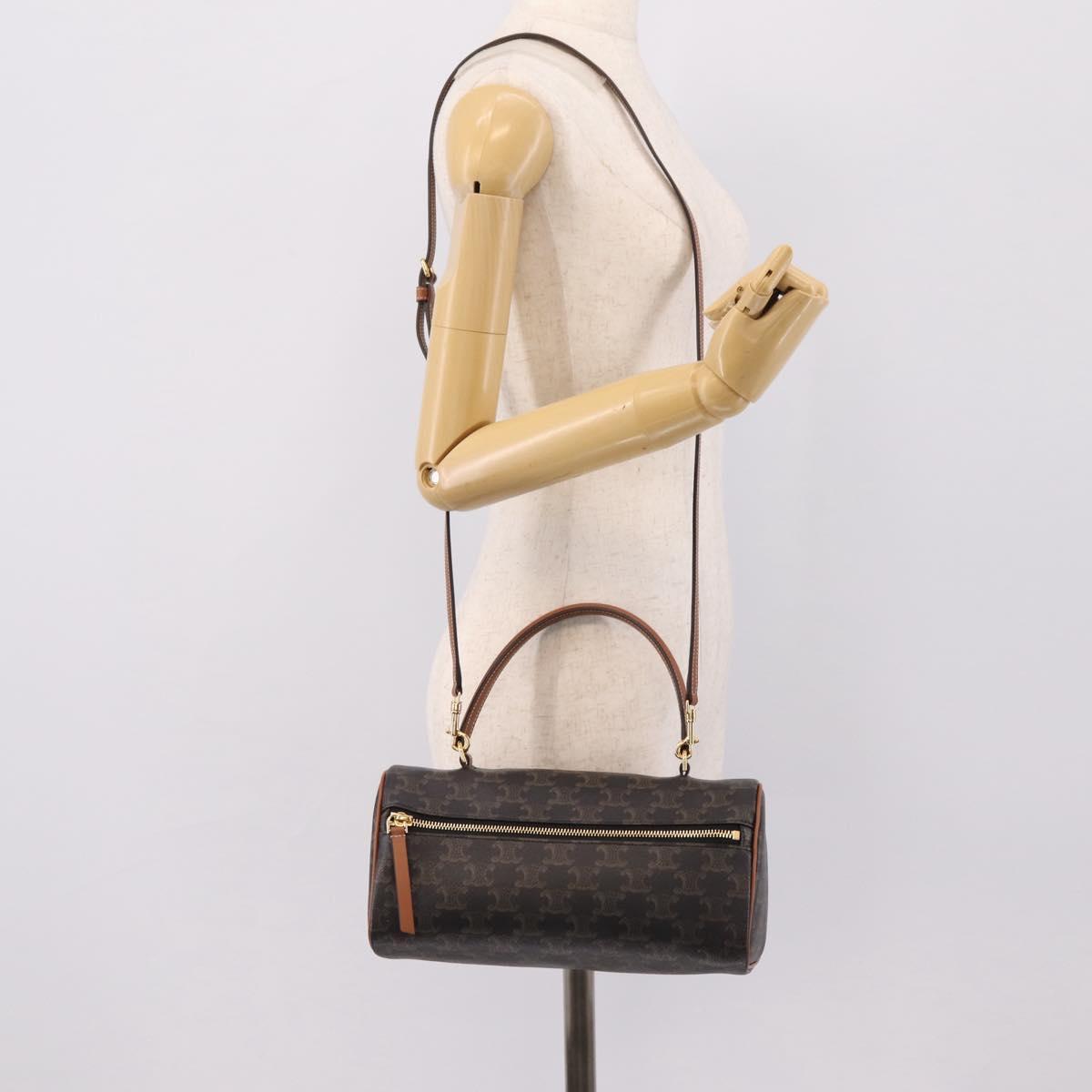 CELINE Macadam Canvas Triomphe Cylinder Bag PVC 2way Brown Gold Auth 203772SAM