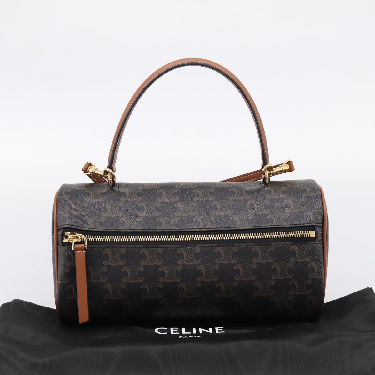 CELINE Macadam Canvas Triomphe Cylinder Bag PVC 2way Brown Gold Auth 203772SAM
