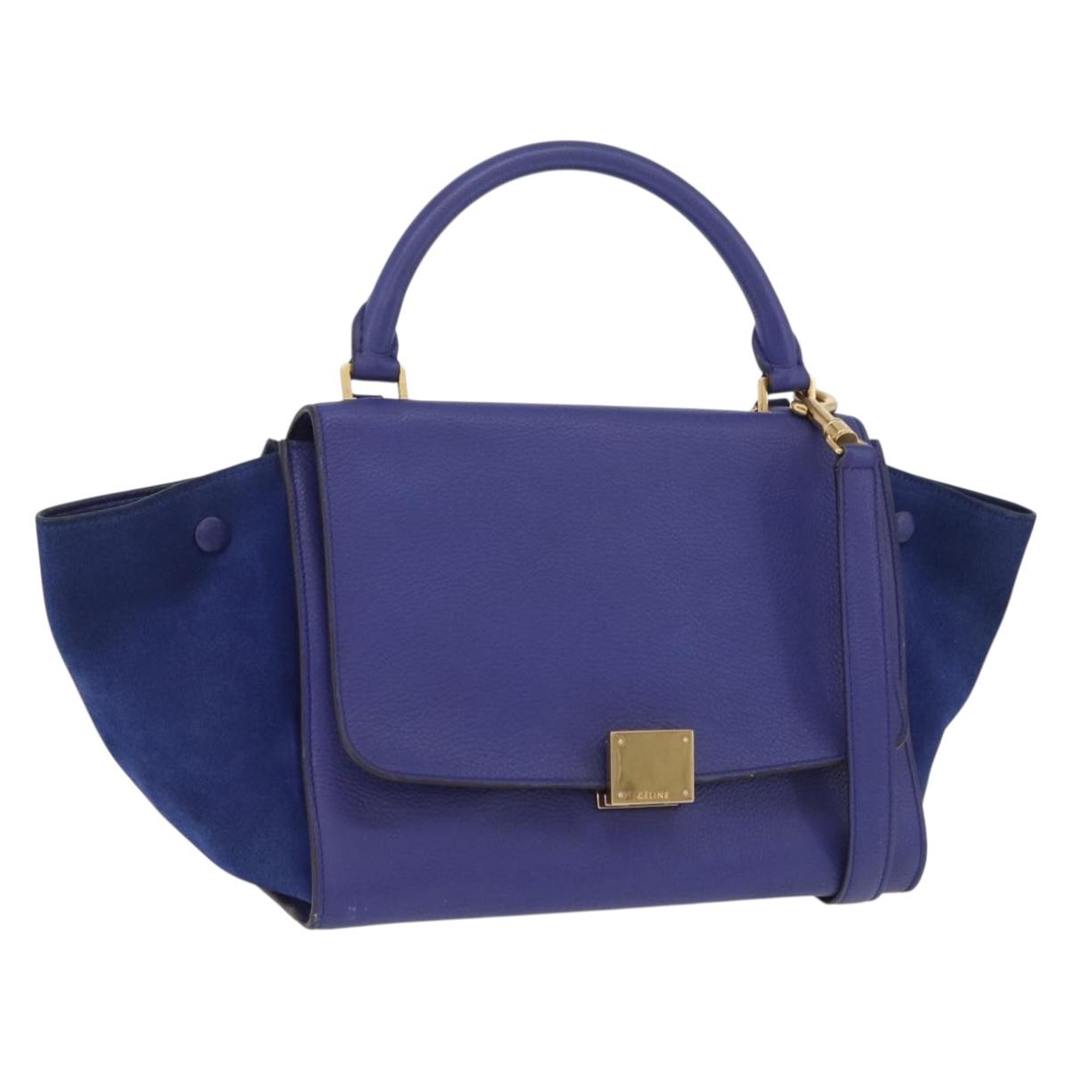 CELINE Trapeze Hand Bag Suede Leather 2way Blue Gold Auth 203775A