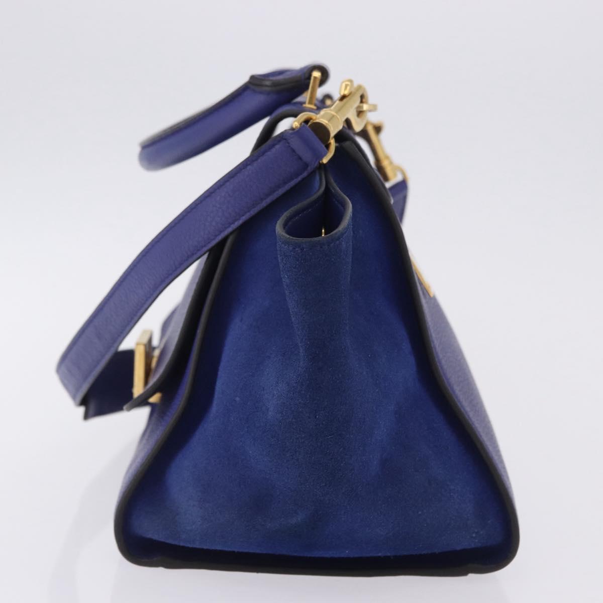 CELINE Trapeze Hand Bag Suede Leather 2way Blue Gold Auth 203775A
