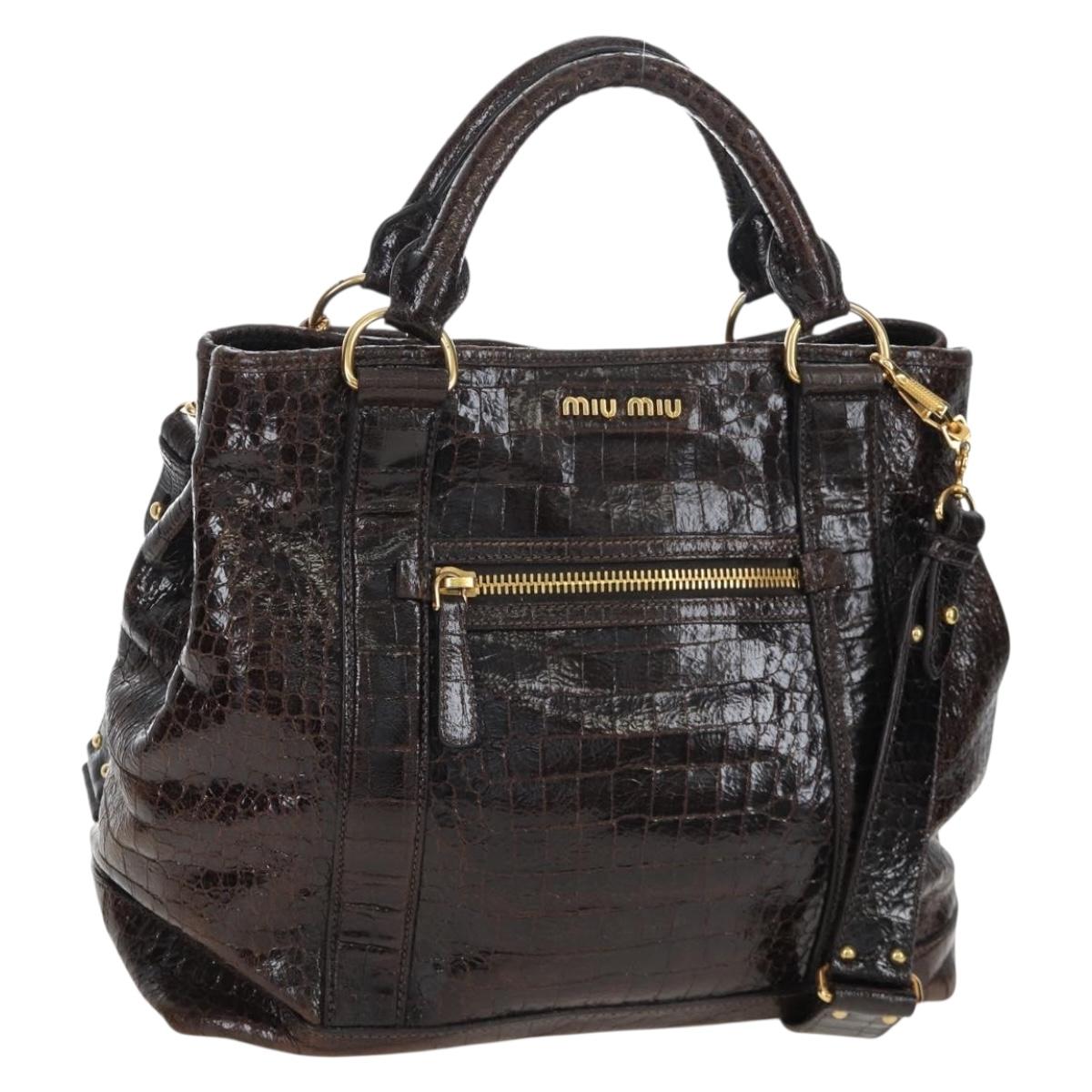 Miu Miu Hand Bag Crocodile Embossed Leather 2way Brown Gold Auth 203782A
