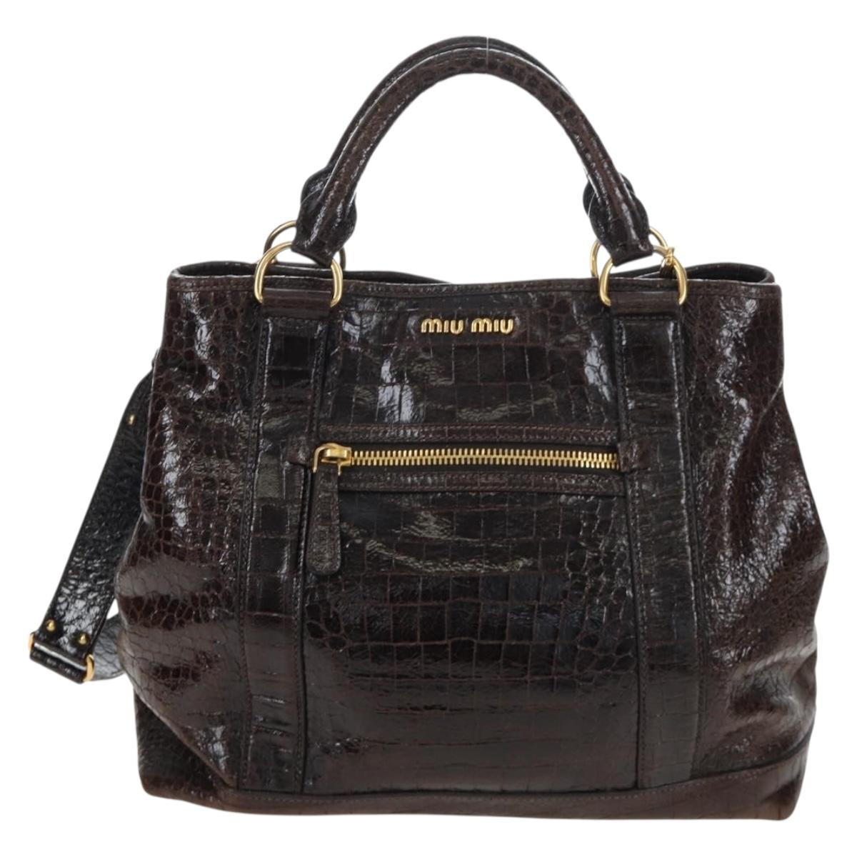 Miu Miu Hand Bag Crocodile Embossed Leather 2way Brown Gold Auth 203782A