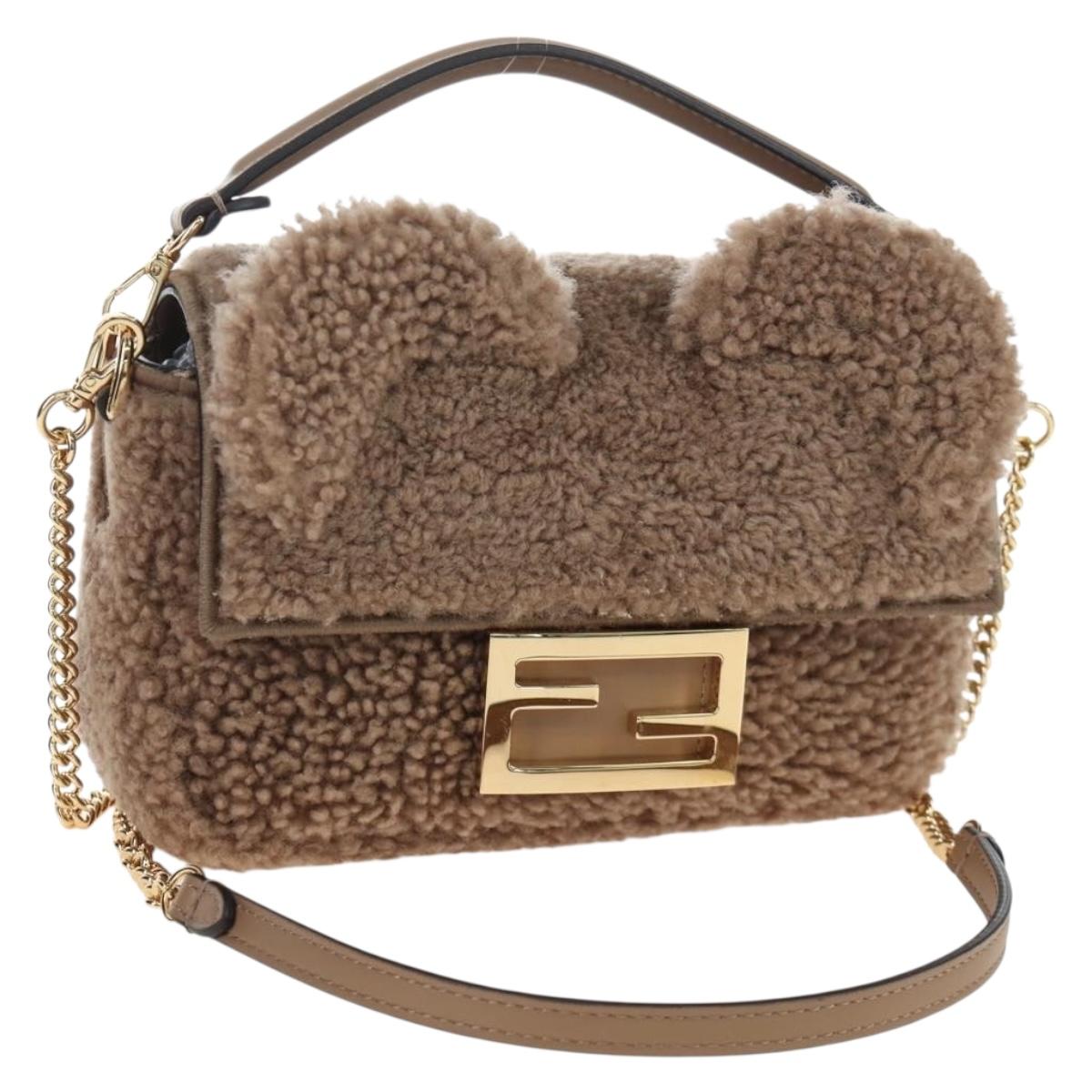 FENDI Baguette Shoulder Bag Shearing 2way Beige Gold Auth 203787SAM