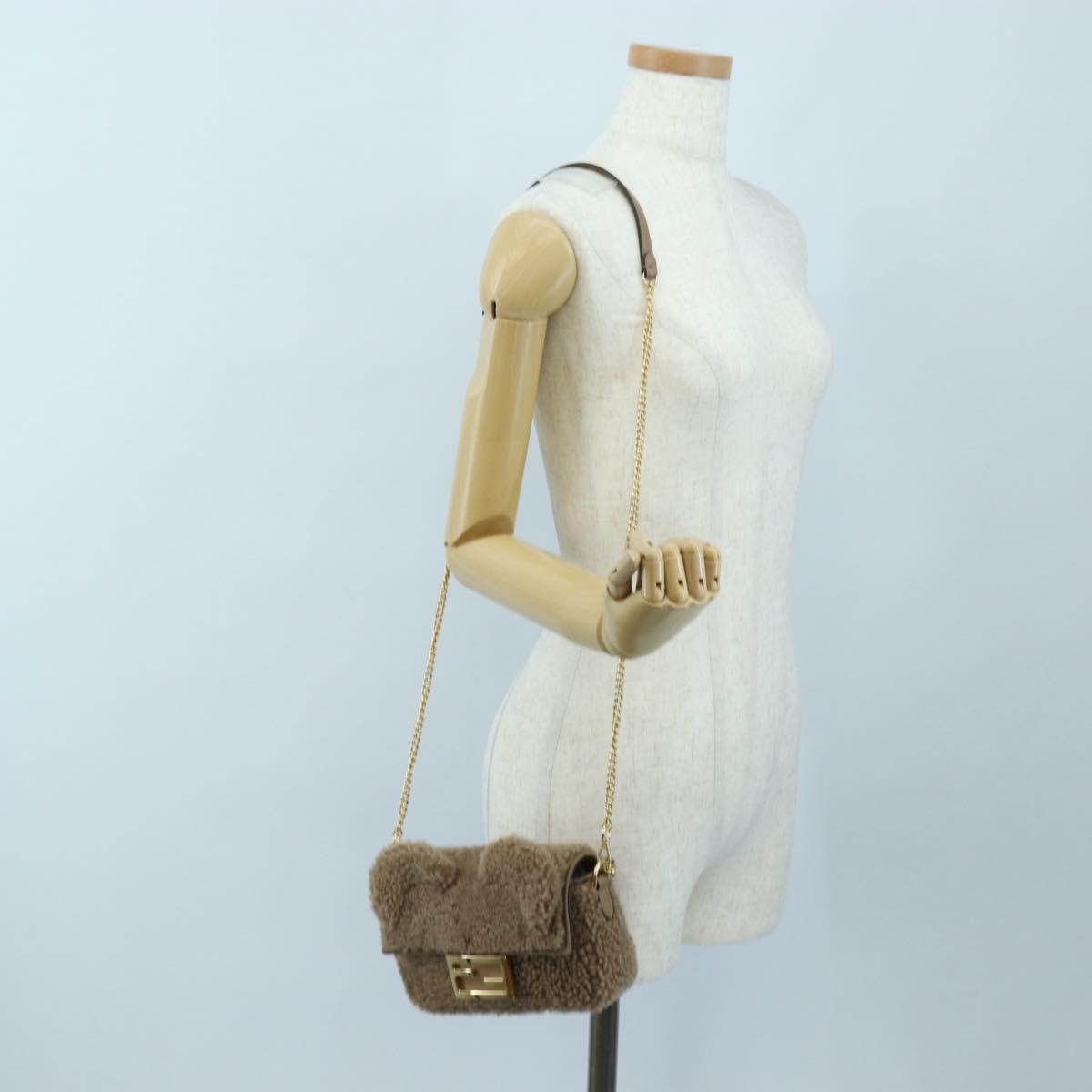 FENDI Baguette Shoulder Bag Shearing 2way Beige Gold Auth 203787SAM