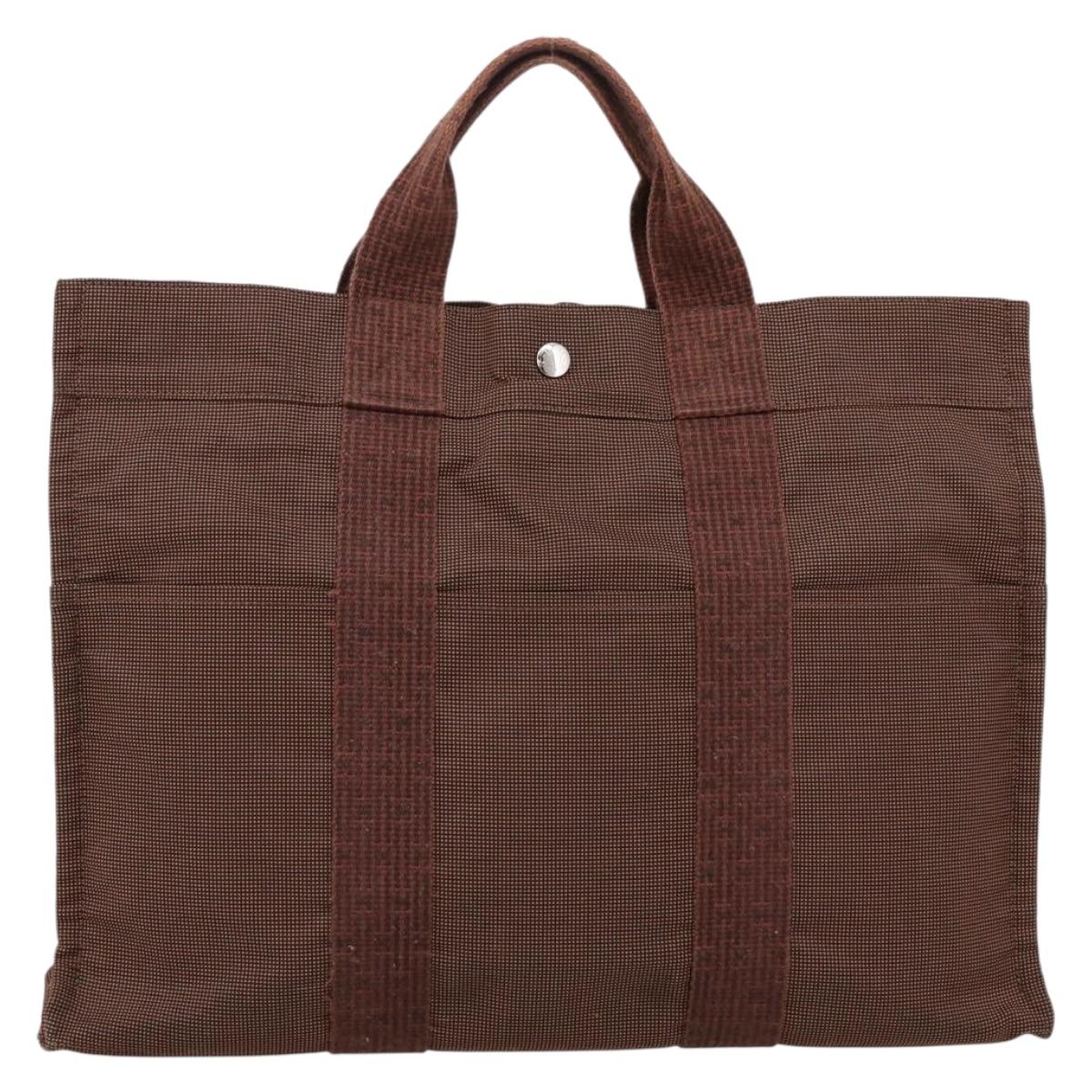 HERMES Her Line Tote MM Tote Bag Canvas Brown Silver Auth 203788