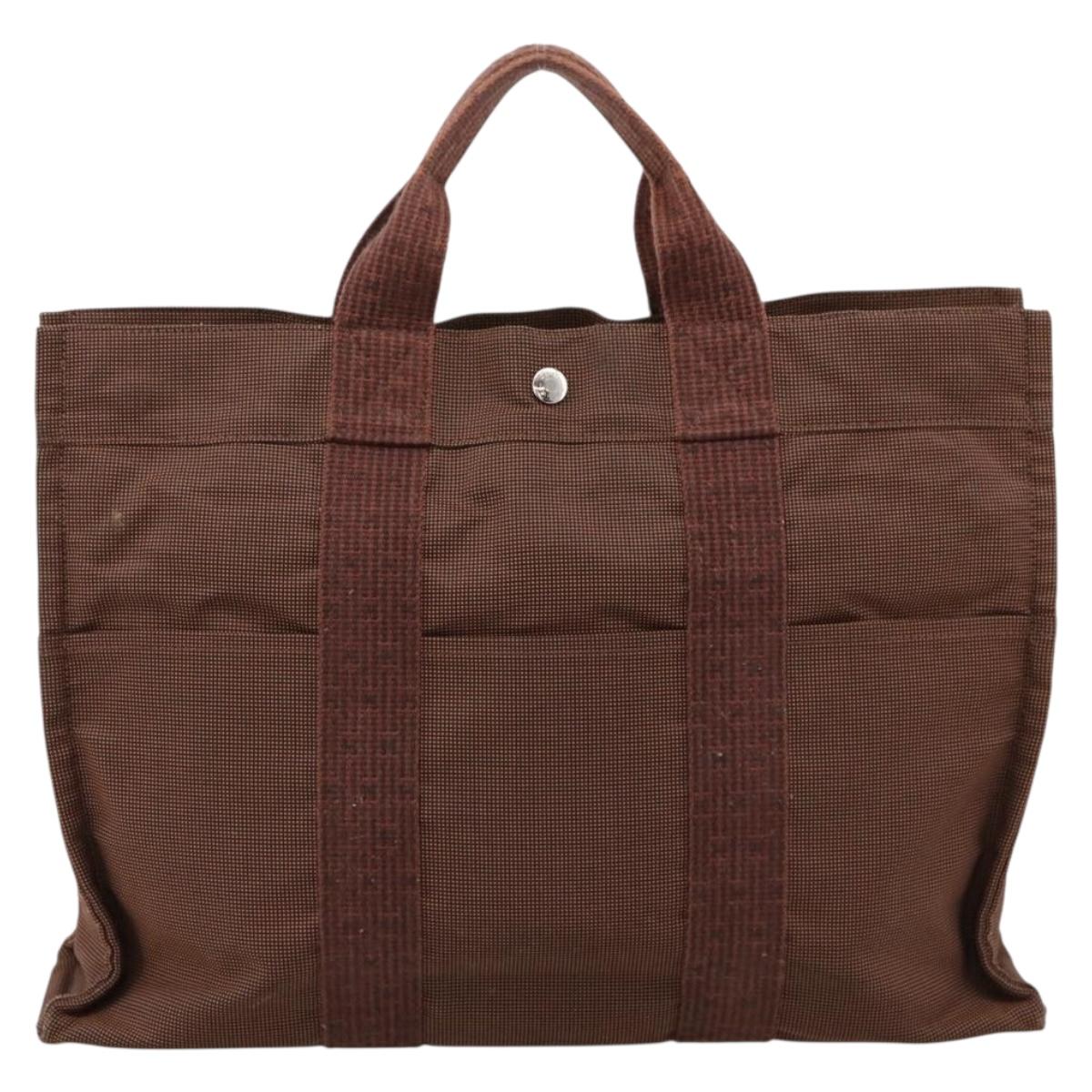 HERMES Her Line Tote MM Tote Bag Canvas Brown Silver Auth 203788