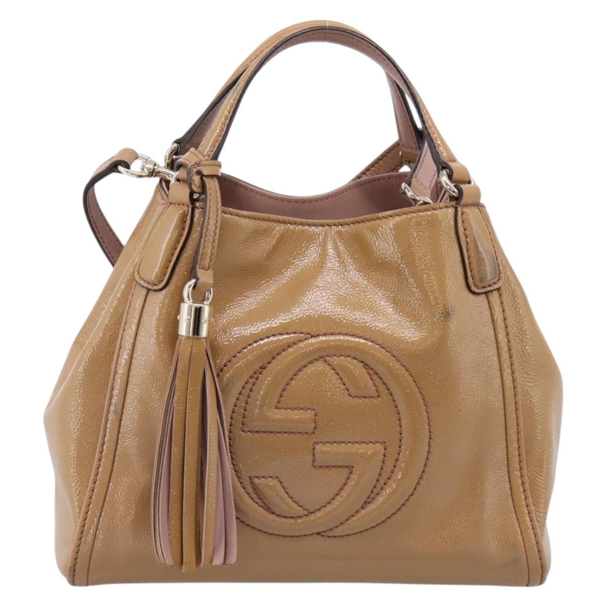 GUCCI Soho Hand Bag Patent leather 2way Beige Gold 336751 Auth 203790