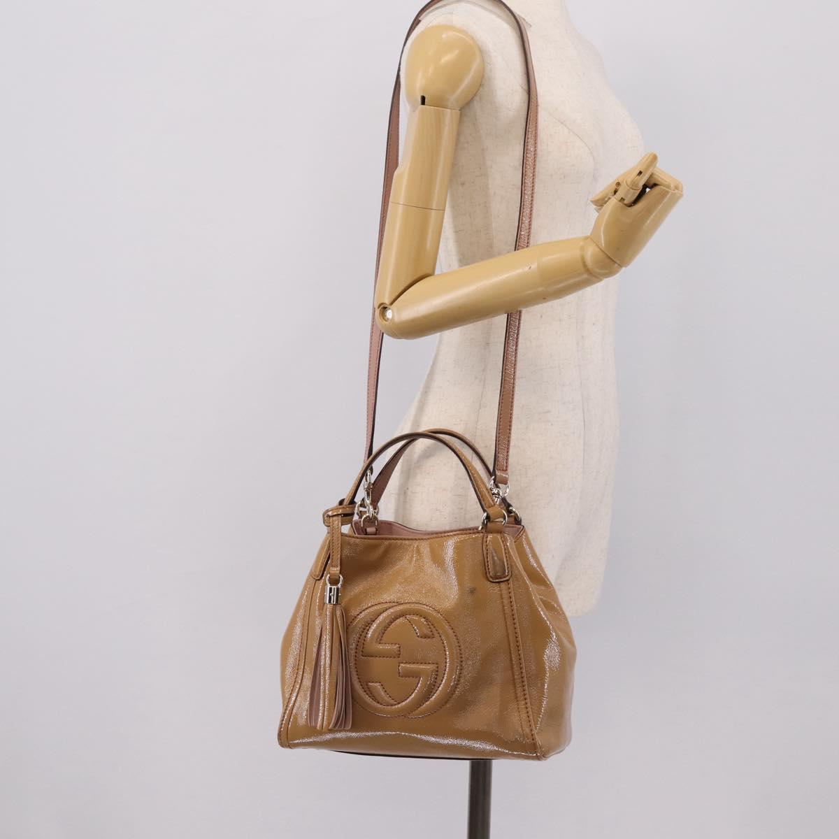 GUCCI Soho Hand Bag Patent leather 2way Beige Gold 336751 Auth 203790