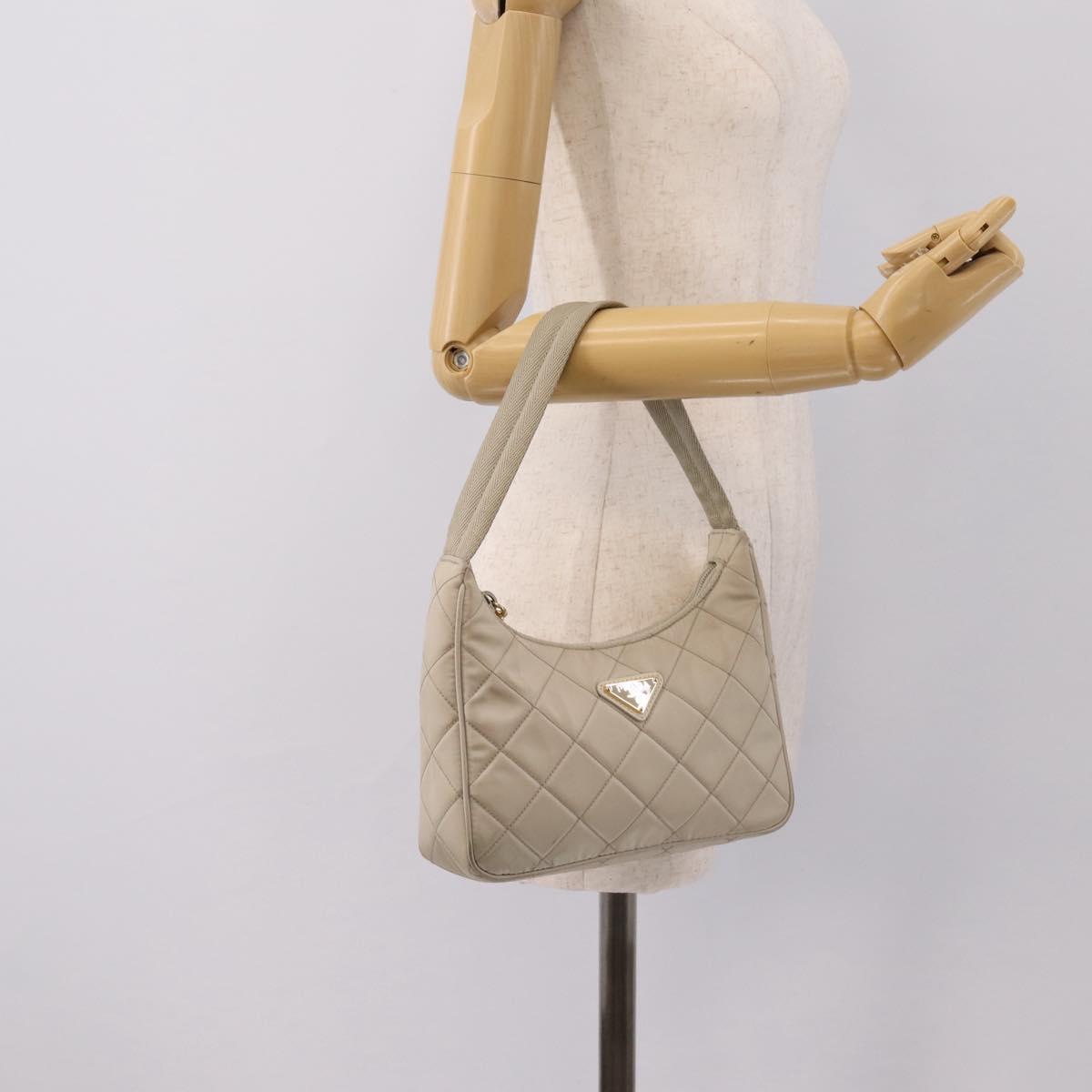 PRADA Hand Bag Nylon Beige Gold Auth 203797A
