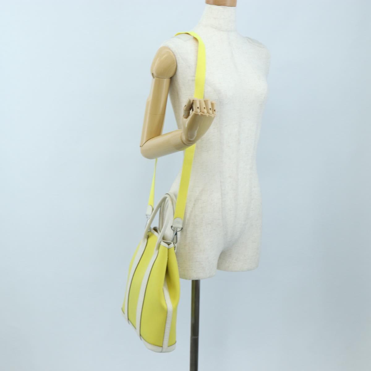 HERMES Garden File 28 Hand Bag Canvas 2way Yellow Silver Auth 203841SAV