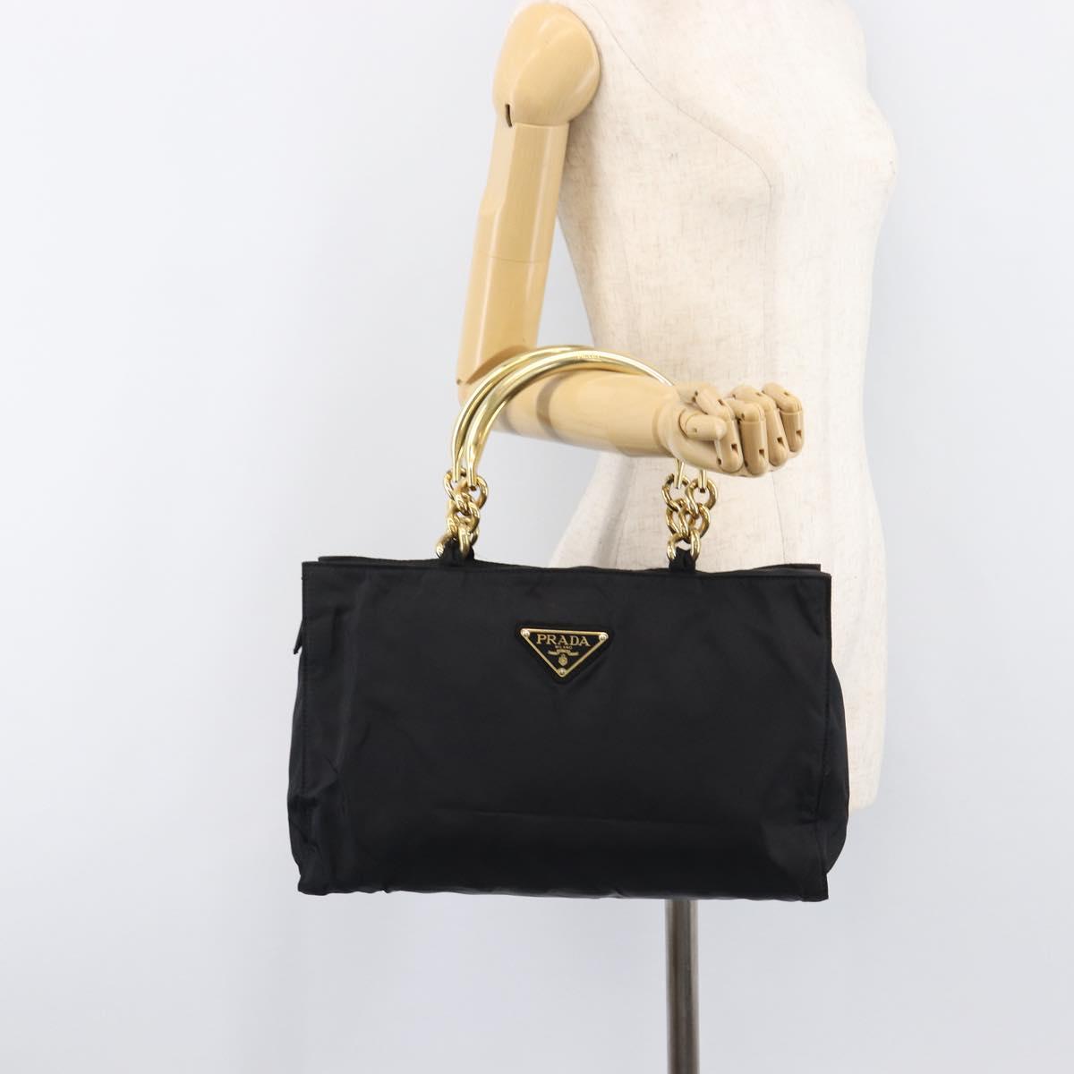 PRADA Metal Handle Hand Bag Nylon Black Gold Auth 203873
