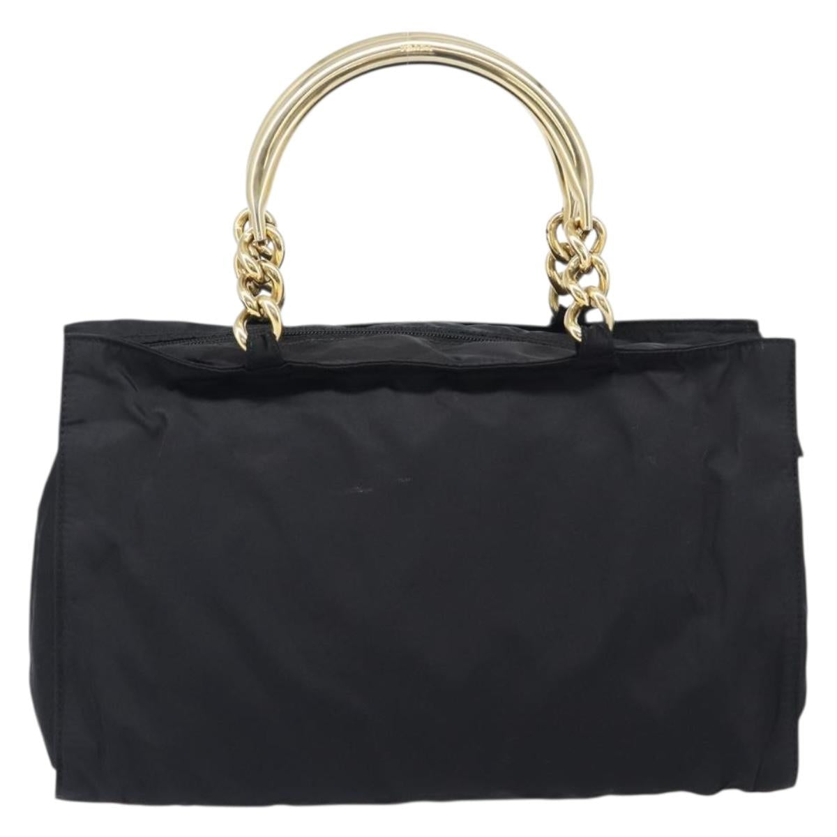 PRADA Metal Handle Hand Bag Nylon Black Gold Auth 203873