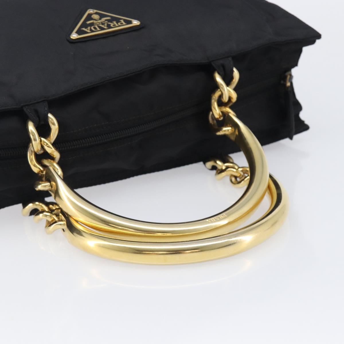 PRADA Metal Handle Hand Bag Nylon Black Gold Auth 203873