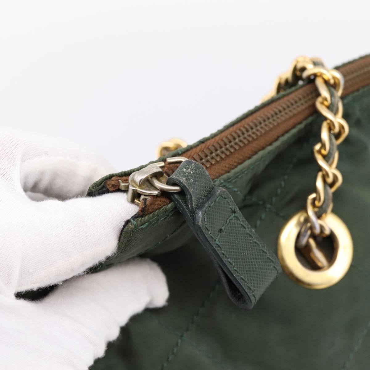 PRADA Chain Shoulder Bag Nylon Khaki Gold Auth 203875