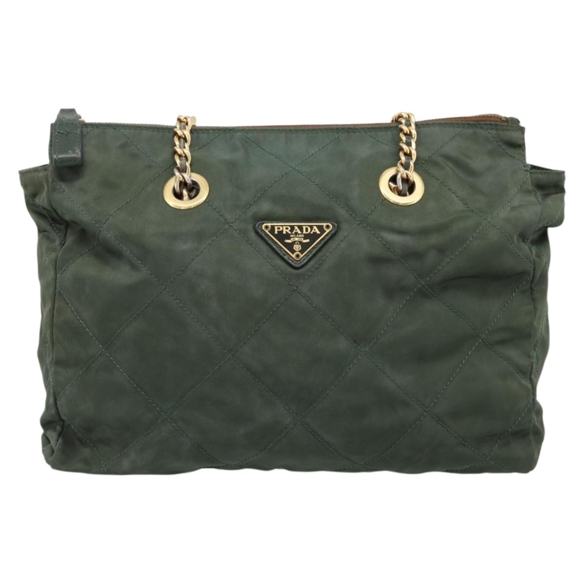 PRADA Chain Shoulder Bag Nylon Khaki Gold Auth 203875