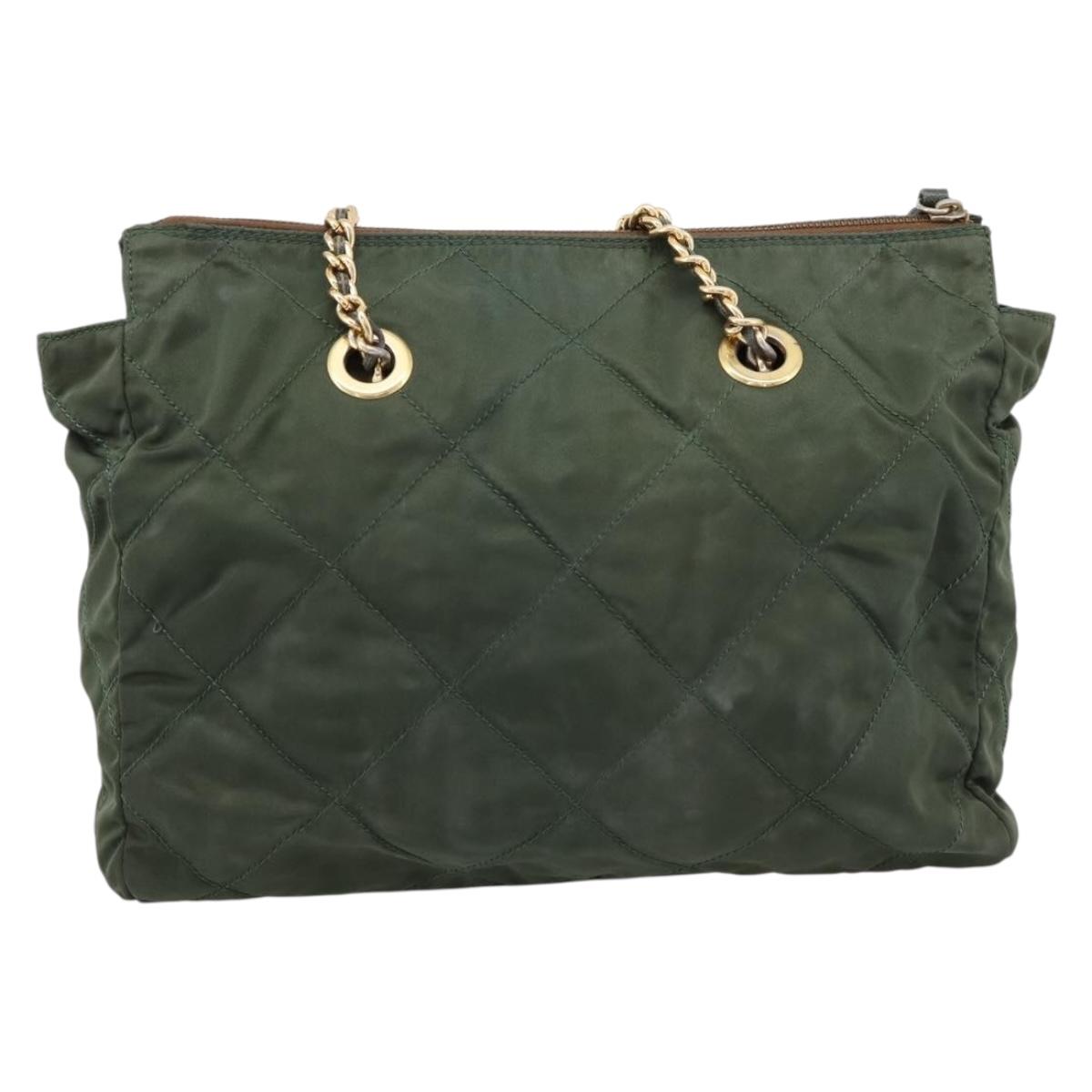 PRADA Chain Shoulder Bag Nylon Khaki Gold Auth 203875