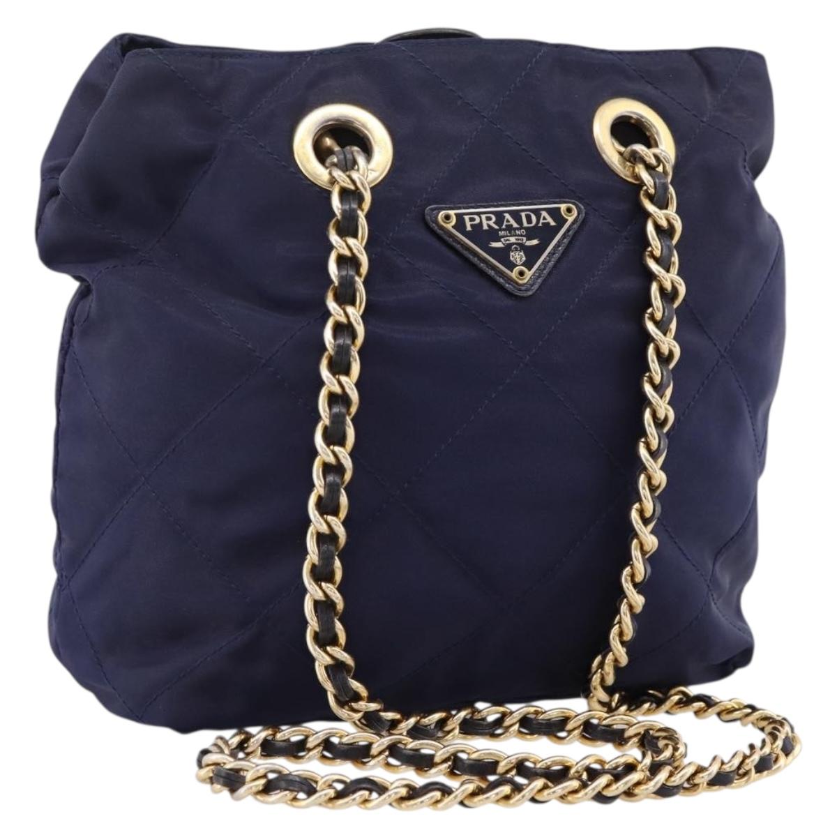 PRADA Chain Shoulder Bag Nylon Navy Gold Auth 203877