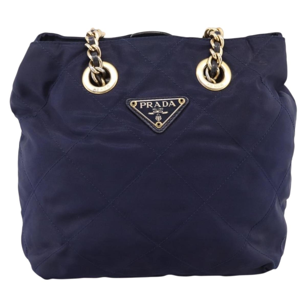 PRADA Chain Shoulder Bag Nylon Navy Gold Auth 203877