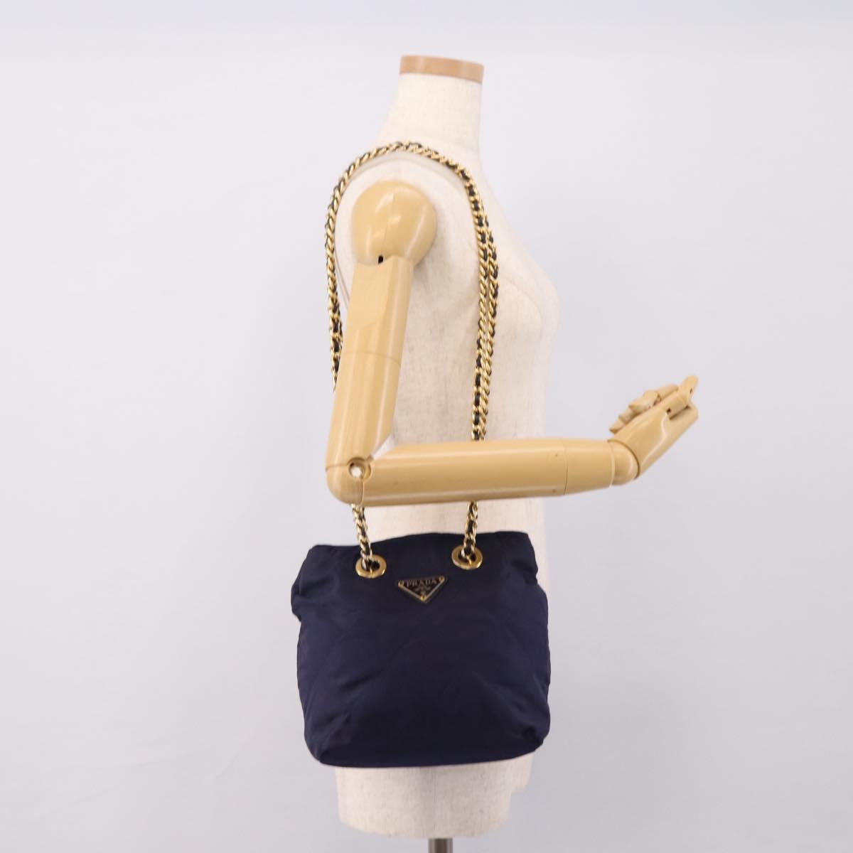 PRADA Chain Shoulder Bag Nylon Navy Gold Auth 203877
