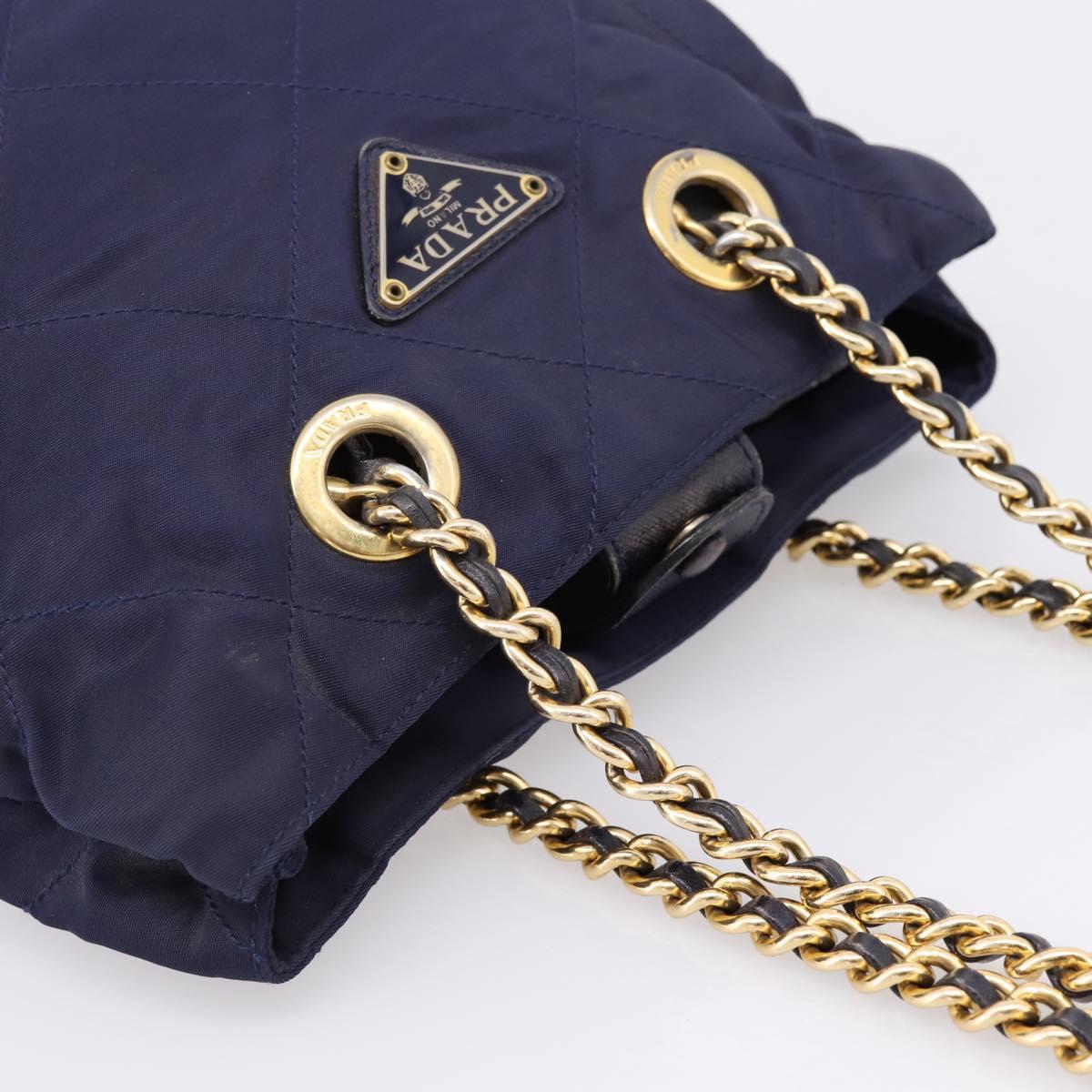 PRADA Chain Shoulder Bag Nylon Navy Gold Auth 203877