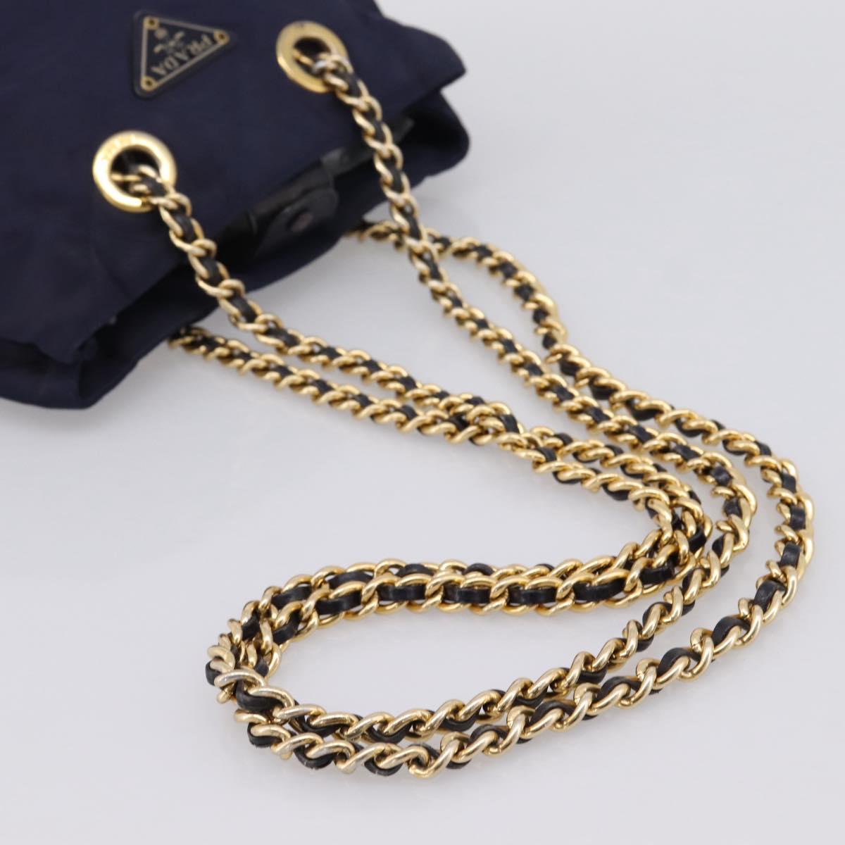 PRADA Chain Shoulder Bag Nylon Navy Gold Auth 203877