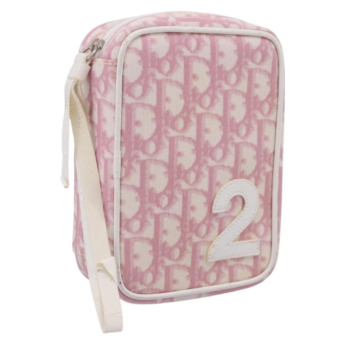 Christian Dior Trotter Canvas Pouch PVC Pink Silver Auth 203879
