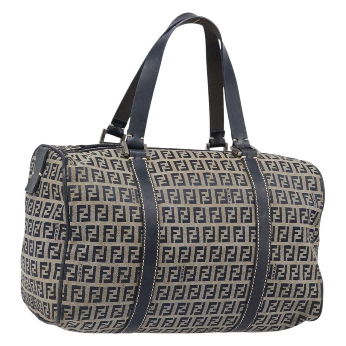 FENDI Zucchino Canvas Boston Bag Navy Silver Auth 203884