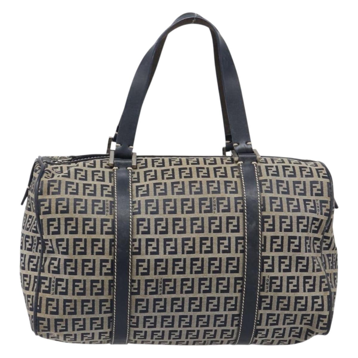 FENDI Zucchino Canvas Boston Bag Navy Silver Auth 203884