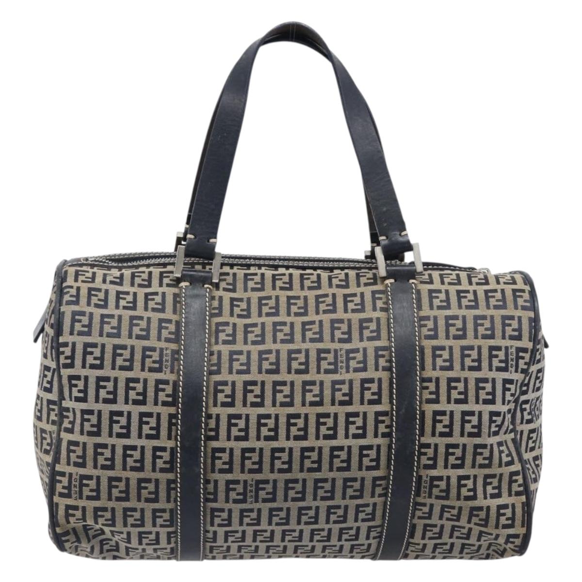 FENDI Zucchino Canvas Boston Bag Navy Silver Auth 203884