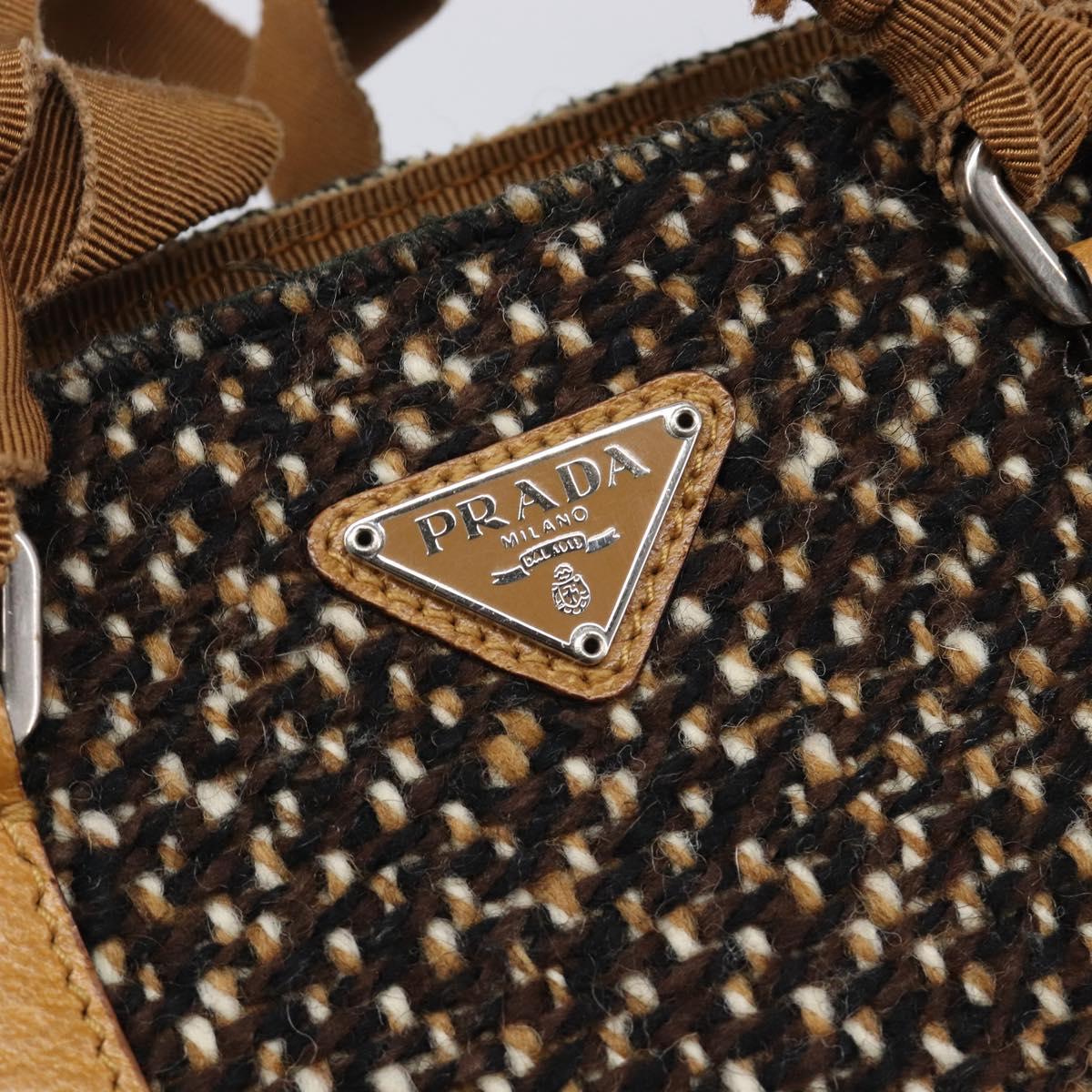 PRADA Hand Bag Leather Tweed Brown Silver Auth 203885A