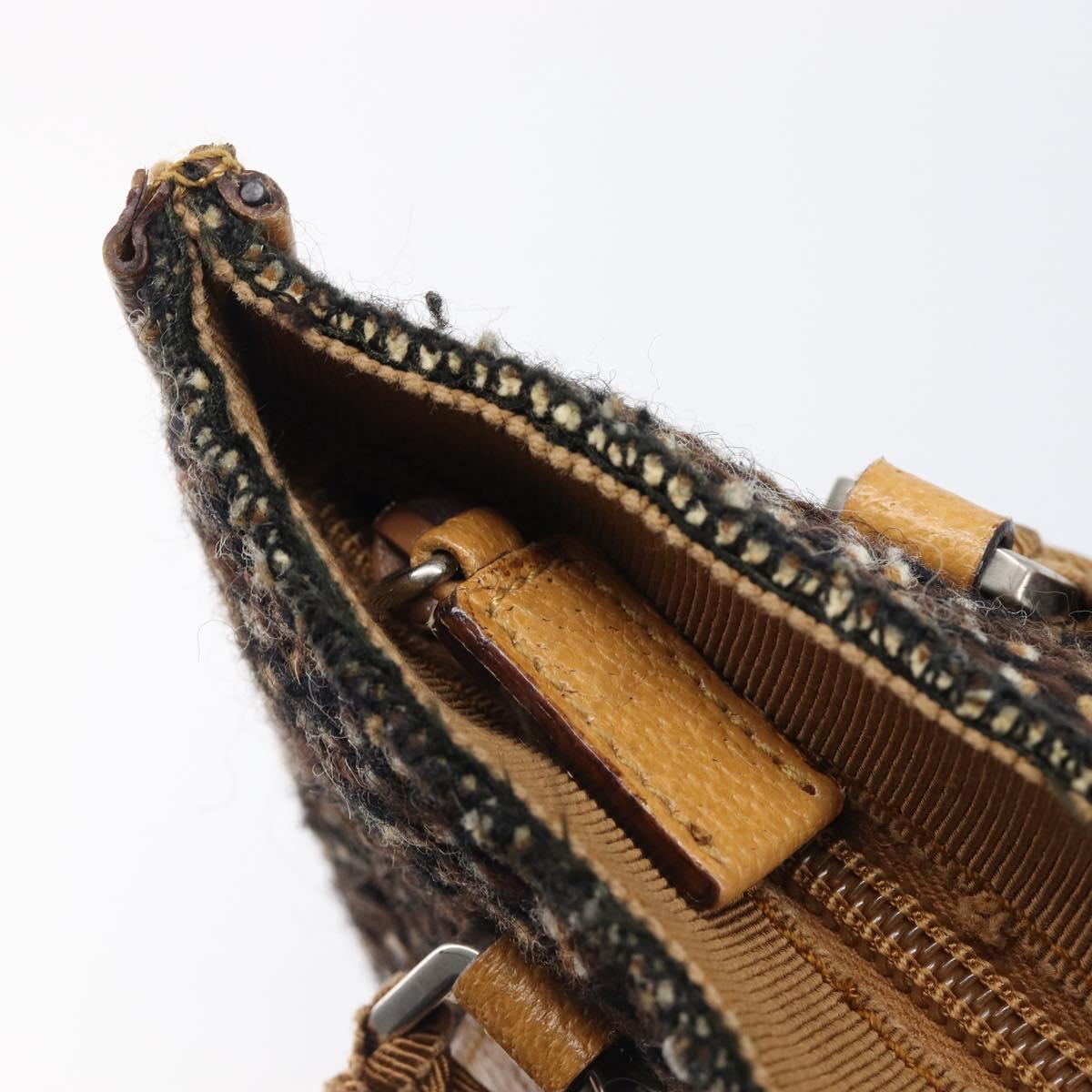 PRADA Hand Bag Leather Tweed Brown Silver Auth 203885A