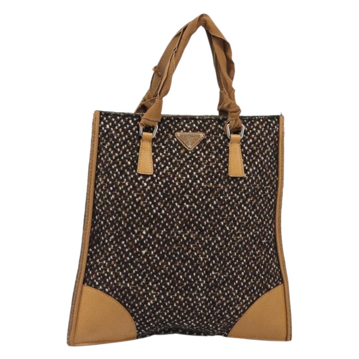 PRADA Hand Bag Leather Tweed Brown Silver Auth 203885A