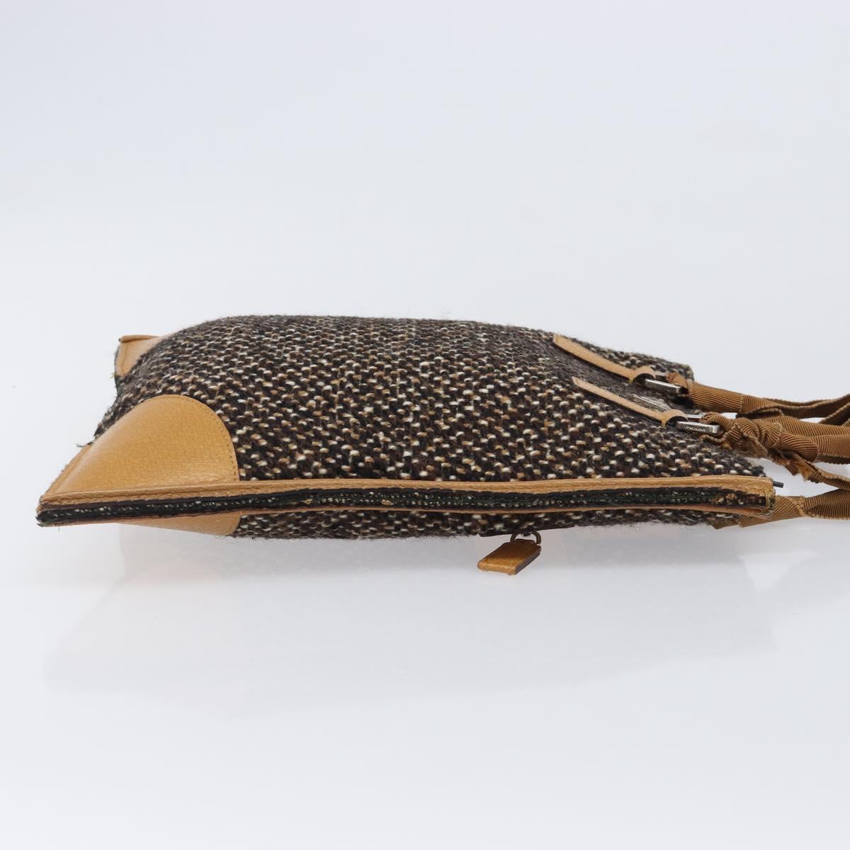 PRADA Hand Bag Leather Tweed Brown Silver Auth 203885A