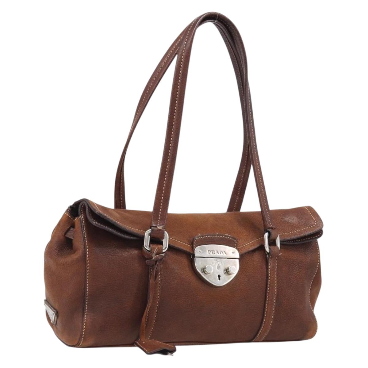 PRADA Hand Bag Leather Brown Silver Auth 203889V