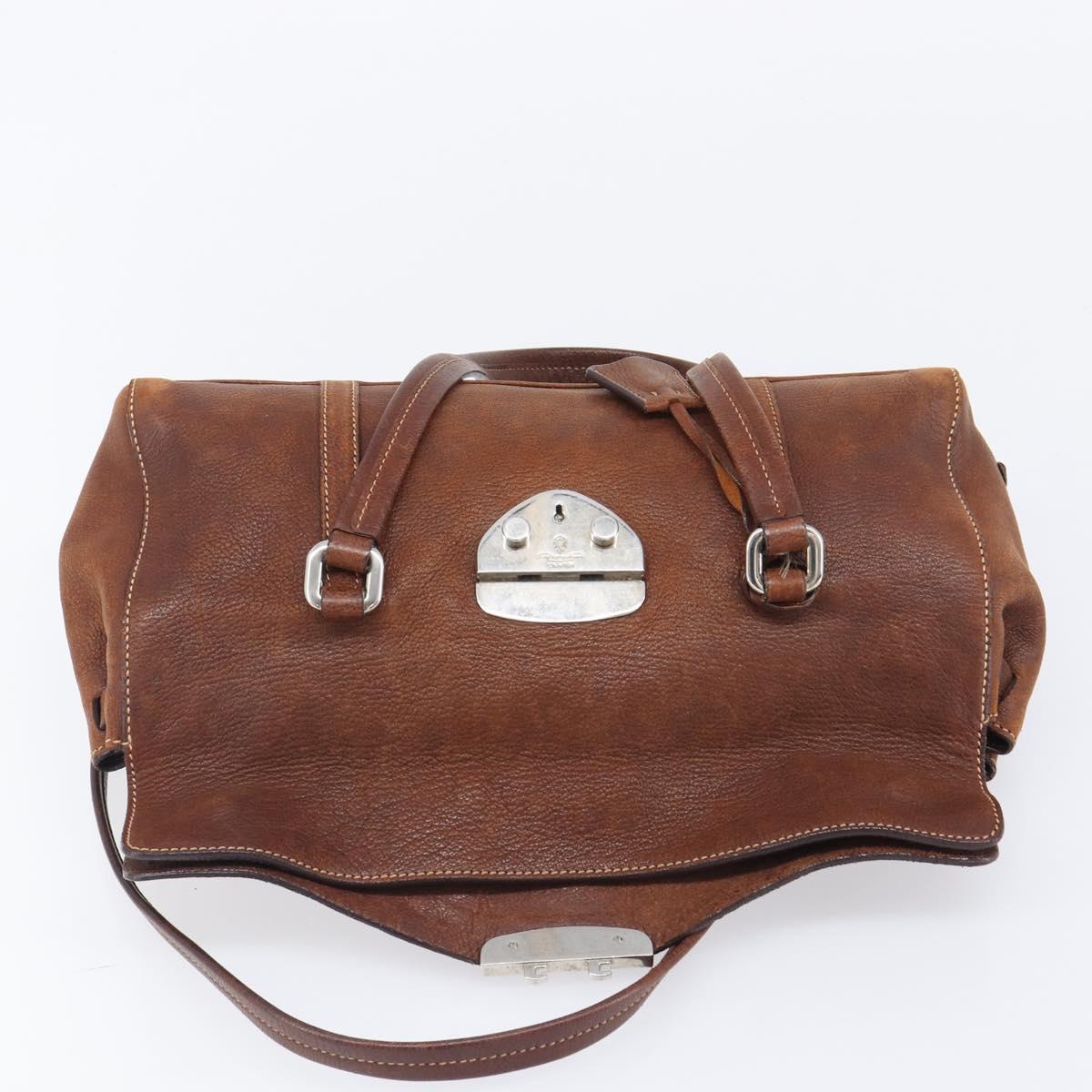 PRADA Hand Bag Leather Brown Silver Auth 203889V