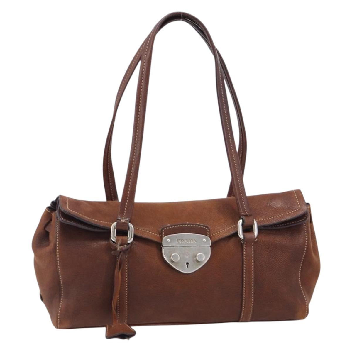 PRADA Hand Bag Leather Brown Silver Auth 203889V