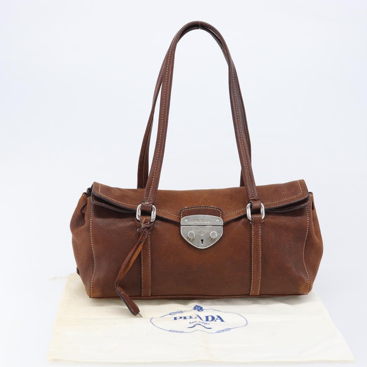 PRADA Hand Bag Leather Brown Silver Auth 203889V