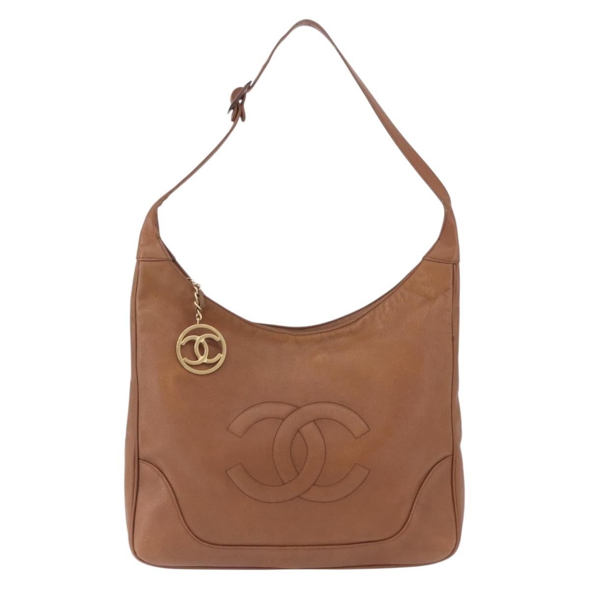 CHANEL Shoulder Bag Caviar Skin Brown Gold CC Auth 203890