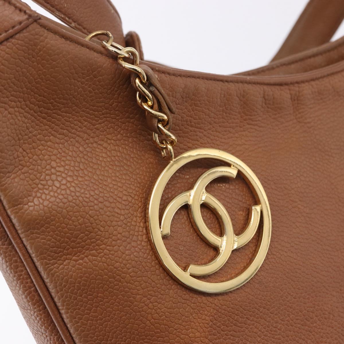 CHANEL Shoulder Bag Caviar Skin Brown Gold CC Auth 203890