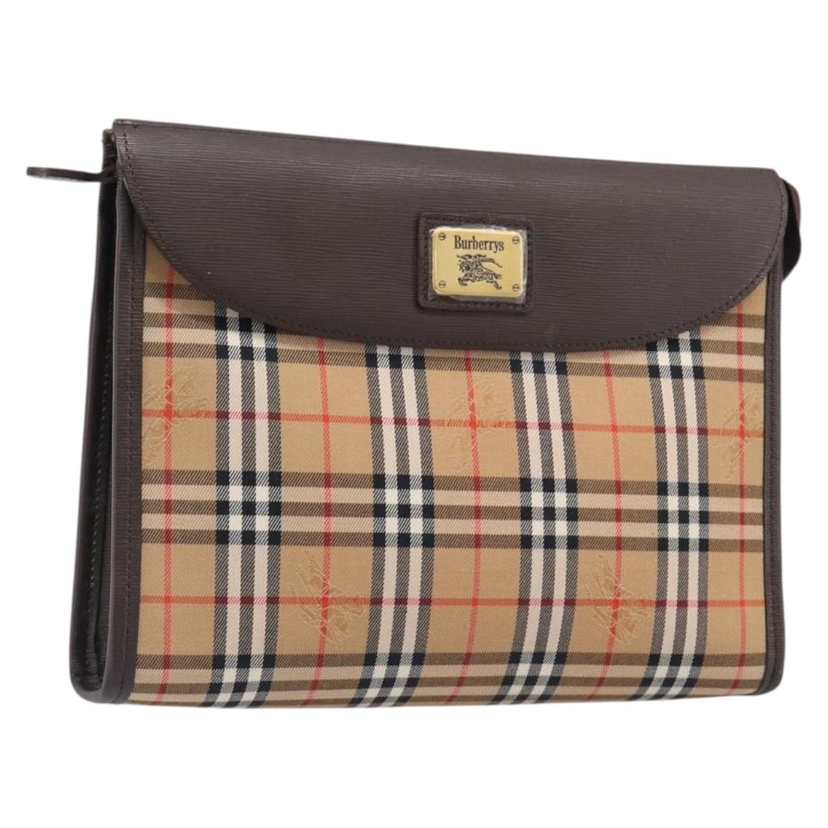 Burberrys Nova Check Clutch Bag Canvas Beige Gold Auth 203893A