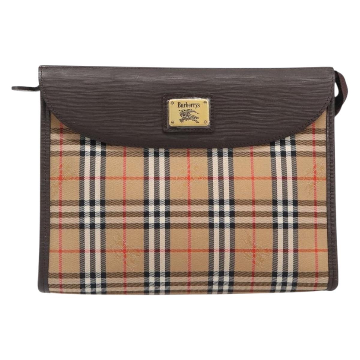 Burberrys Nova Check Clutch Bag Canvas Beige Gold Auth 203893A