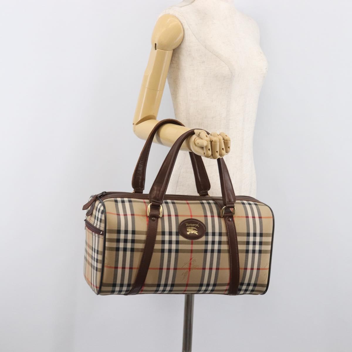 Burberrys Nova Check Boston Bag Canvas Beige Gold Auth 203894V