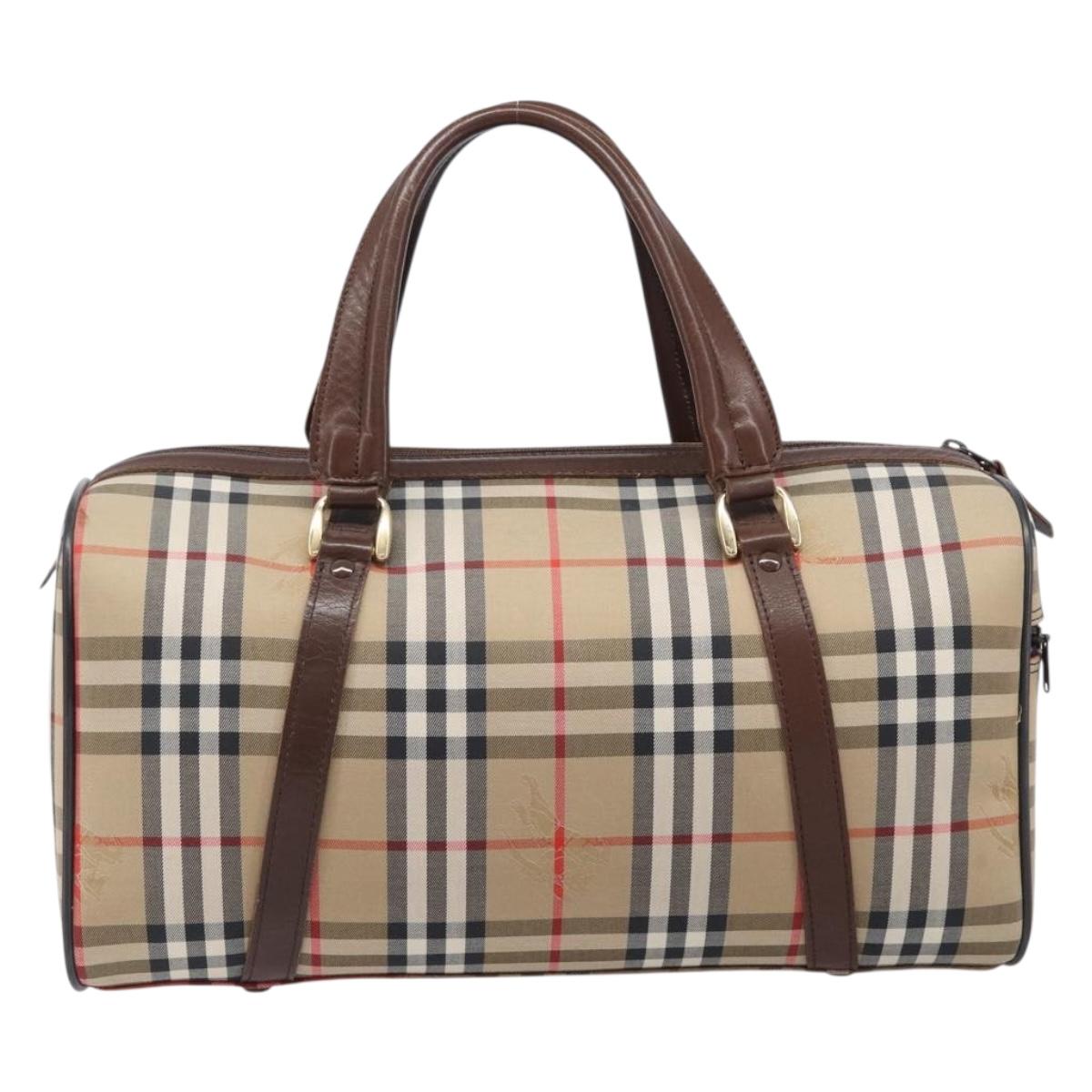 Burberrys Nova Check Boston Bag Canvas Beige Gold Auth 203894V