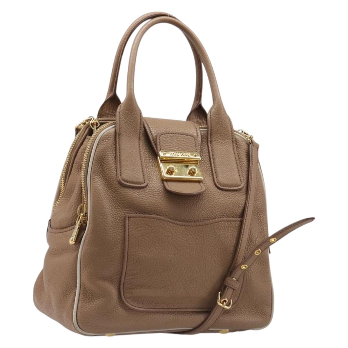 Miu Miu Hand Bag Leather 2way Beige Gold Auth 204057V