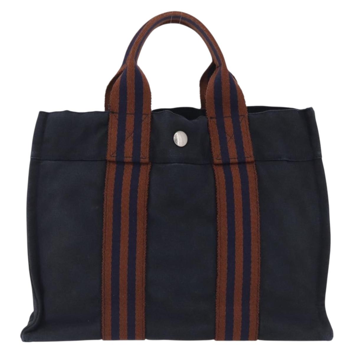 HERMES New Fourre Tout PM Hand Bag Canvas Navy Silver Auth 204058