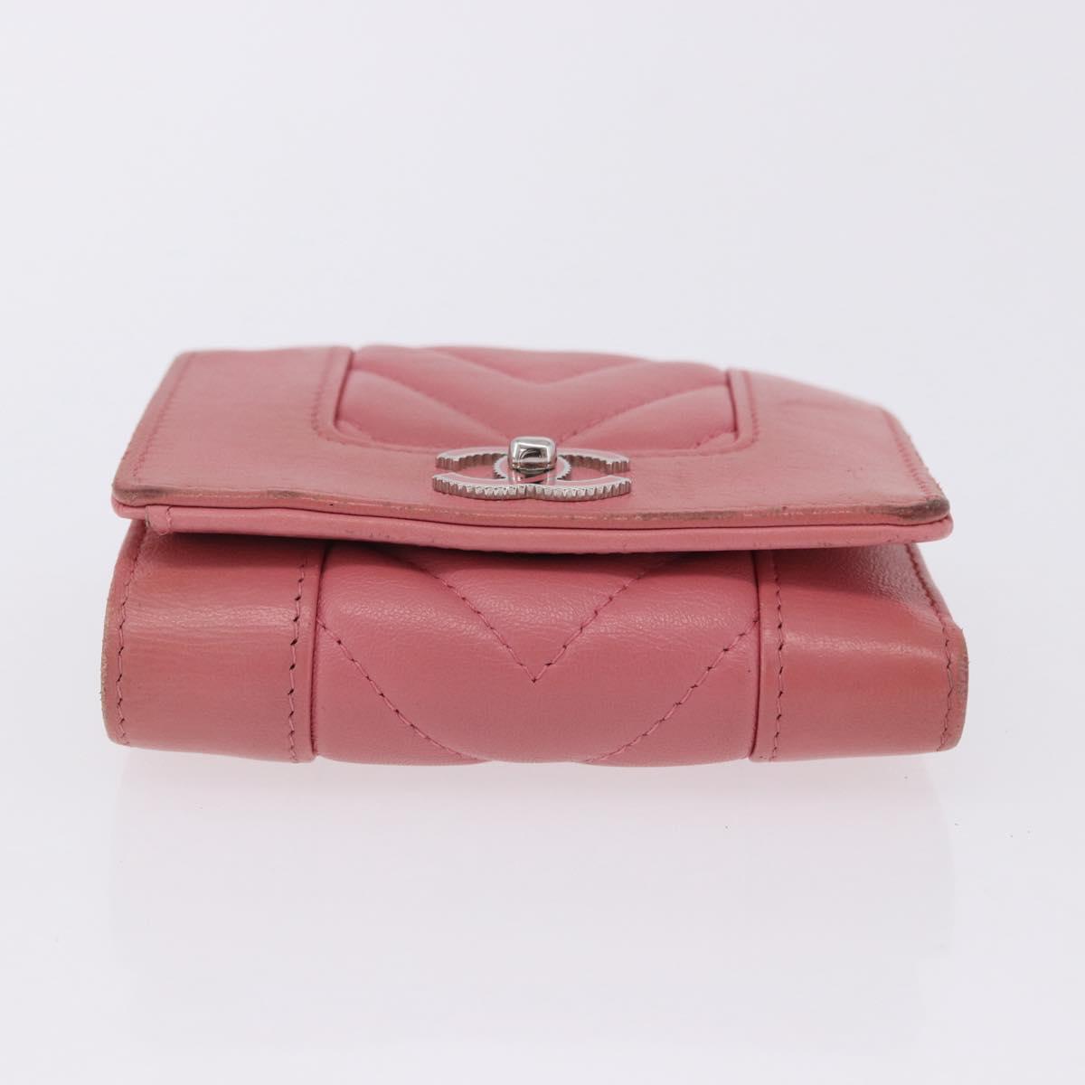 CHANEL V Stitch COCO Mark Bifold Wallet Lamb Skin Pink Silver CC Auth 204061A