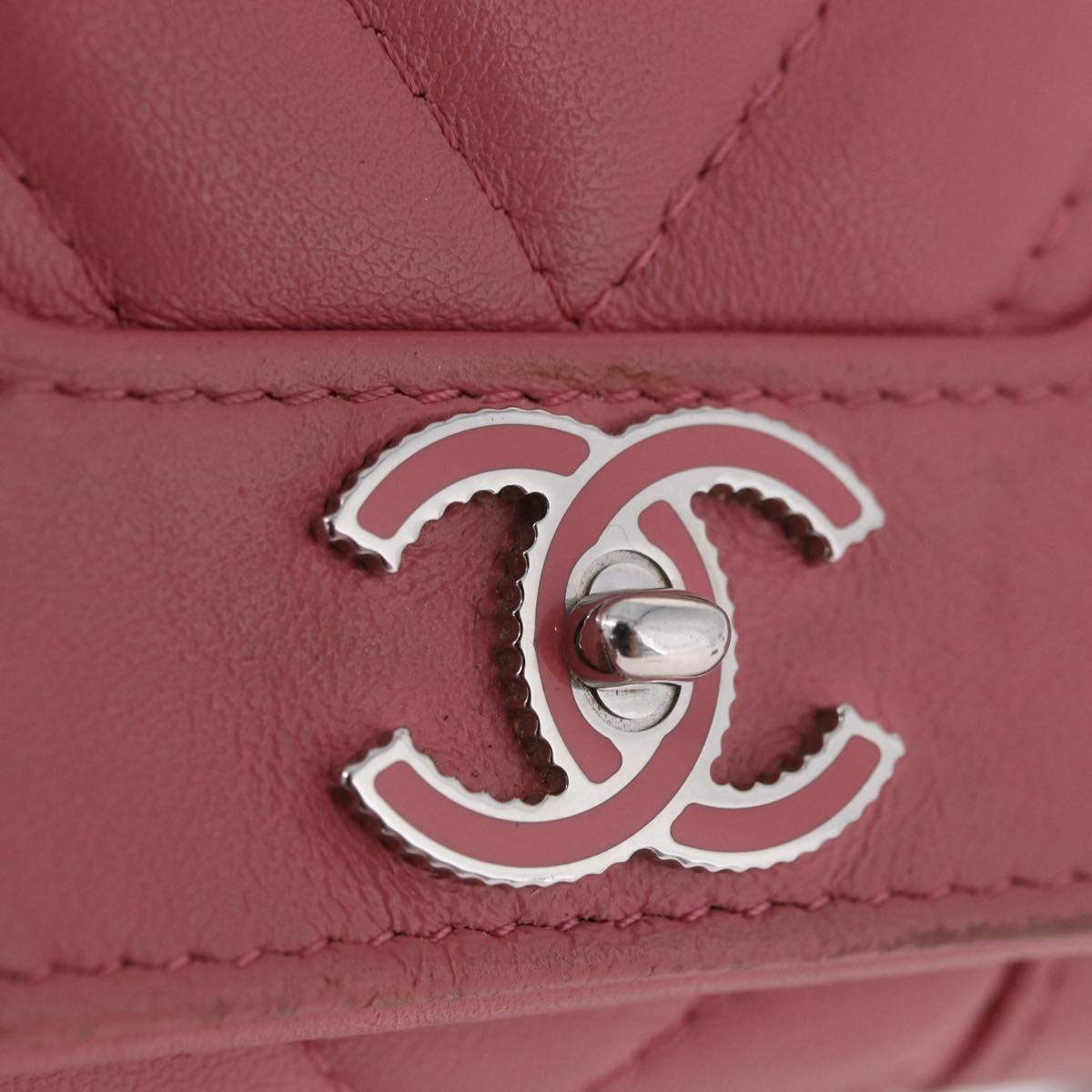 CHANEL V Stitch COCO Mark Bifold Wallet Lamb Skin Pink Silver CC Auth 204061A