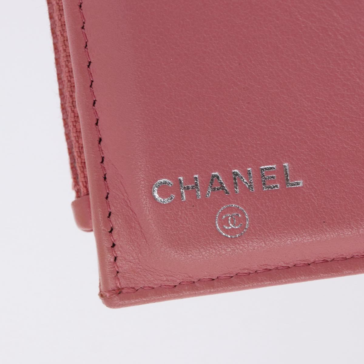 CHANEL V Stitch COCO Mark Bifold Wallet Lamb Skin Pink Silver CC Auth 204061A